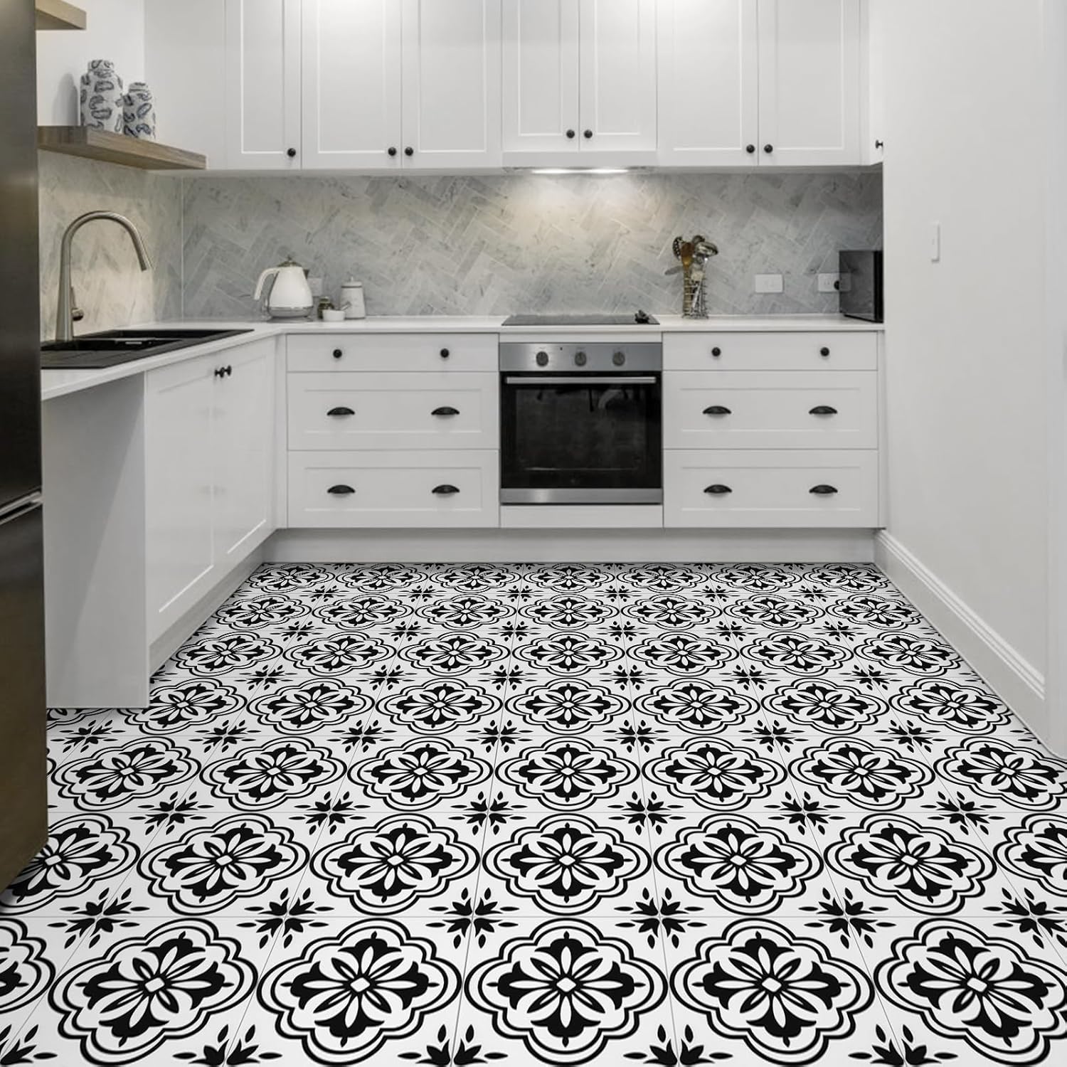 Thumbnail 3 de Elffloor self-adhesive vinyl floor tiles (Black & White pattern) 20x20cm, waterproof, 10 pack
