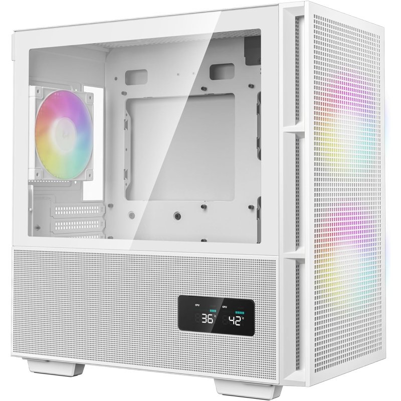 Detalle de DeepCool CH360 ARGB DIGITAL: carcasa mATX con flujo de aire frontales y panel híbrido de vidrio