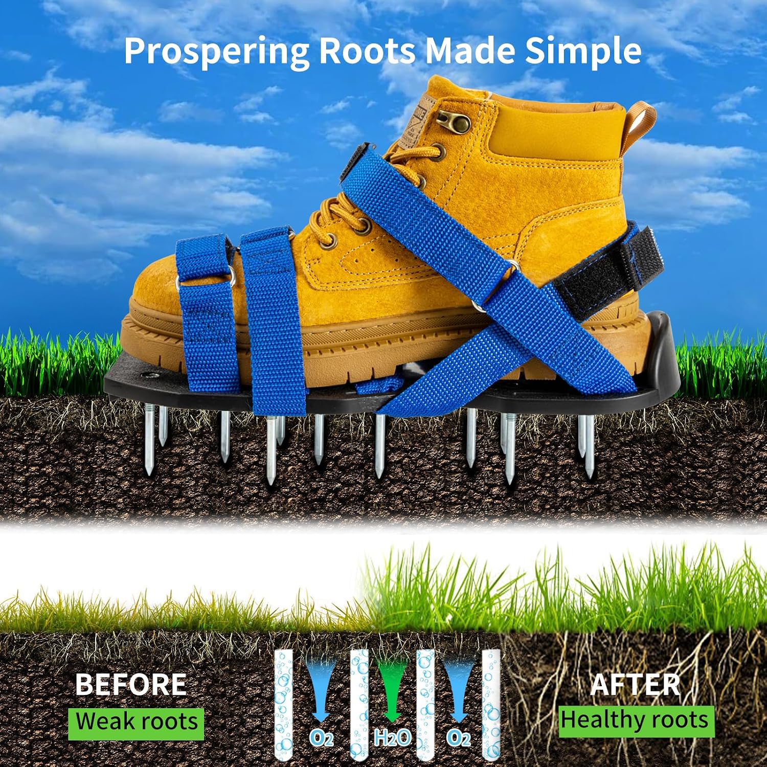 Detalle 2 de Bakulala Lawn Aerator Shoes with Stainless Steel Shovel – Spiked aeration sandals for patio and lawn grass