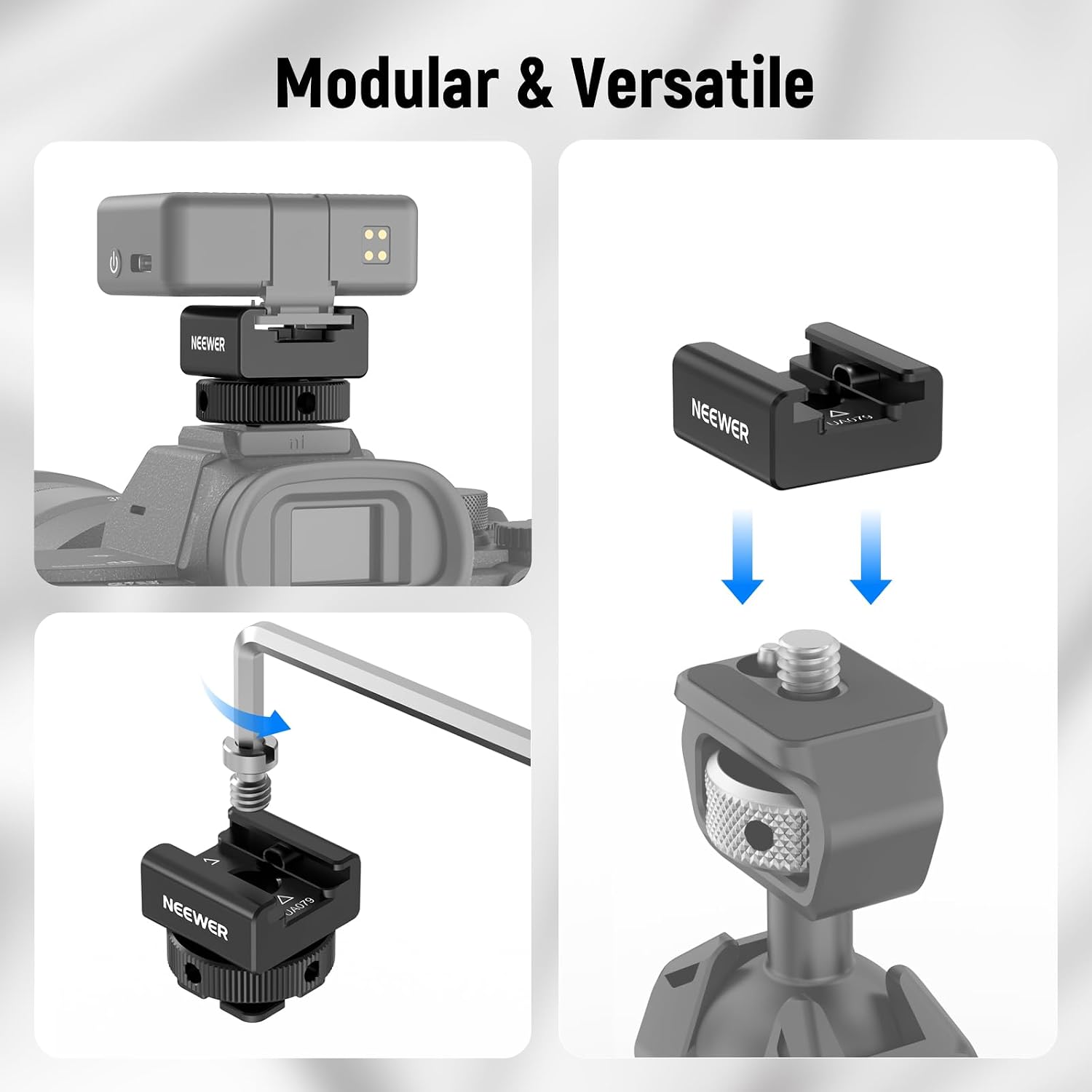 Detalle 2 de NEEWER Adattatore Cold Shoe UA079 per ricevitori microfono wireless (DJI Mic 2 / Rode Wireless GO II / Saramonic / NEEWER) con contatto offset
