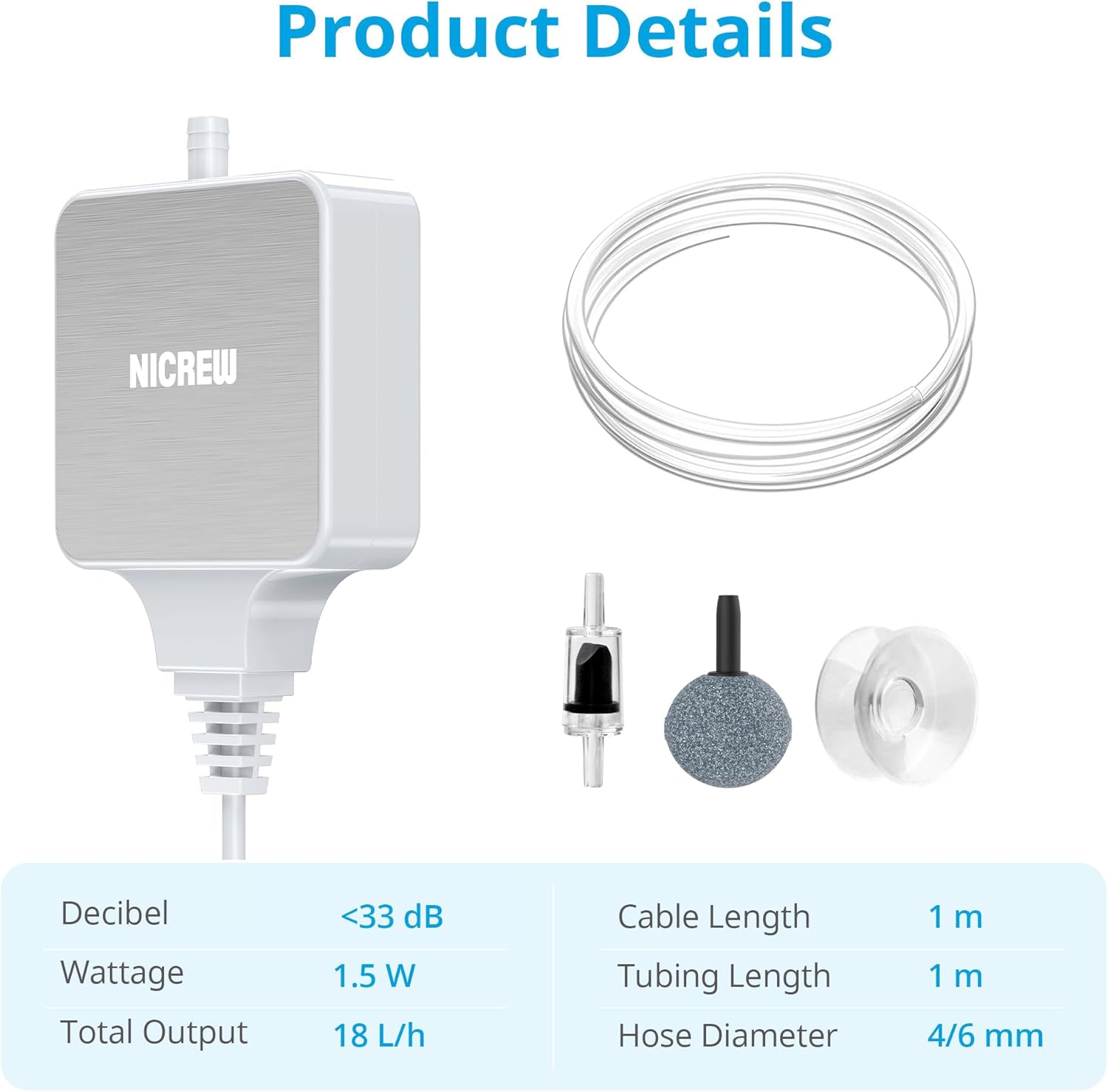 Detalle de NICREW Air Pump Aquarium Ultra Quiet: Nano Silent Oxygen Pump for Nano Tanks