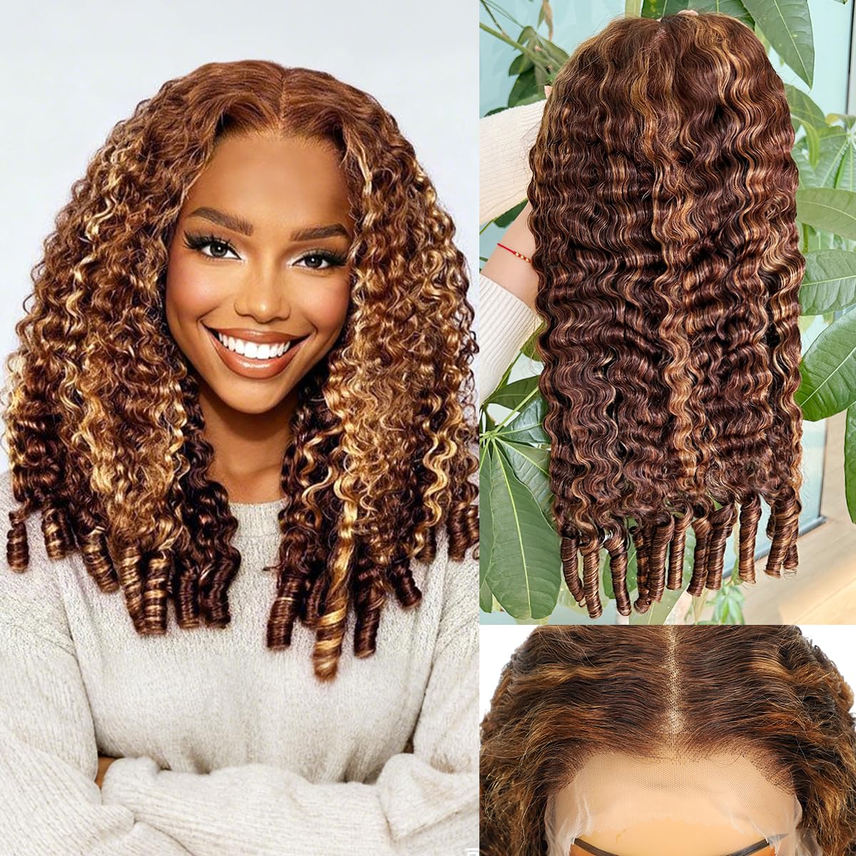 Detalle de Honey Blonde Drawstring Burmese Curly Wig: 22" 13x6 HD Lace Front, 250 Density, Virgin Human Hair