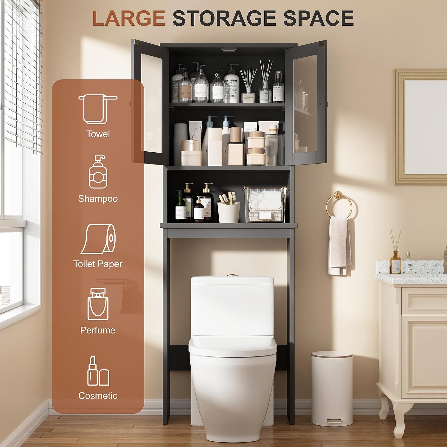 Detalle 2 de Shintenchi Over-the-Toilet Storage Cabinet, Grey, Adjustable Shelf and Glass Door