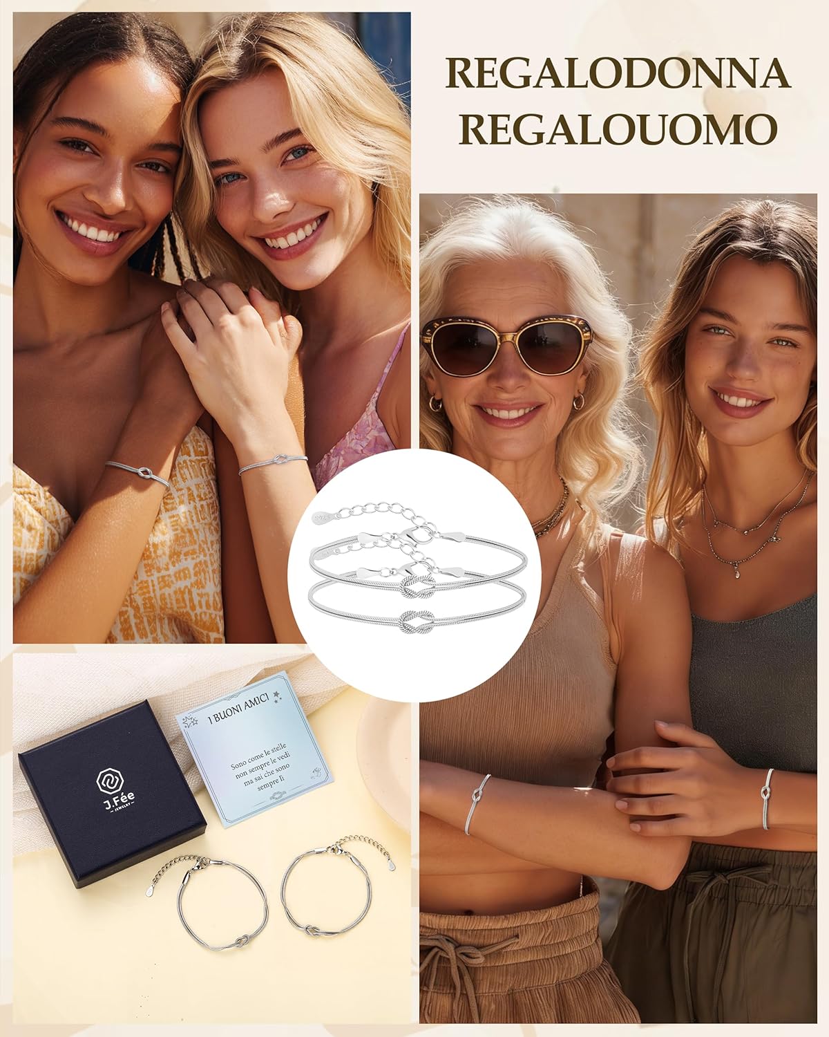 Detalle 2 de J.Fée 2Pcs Bracciale Amicizia Maestra - Bracciali Nodo in Argento 925, Regolabili, Confezione regalo