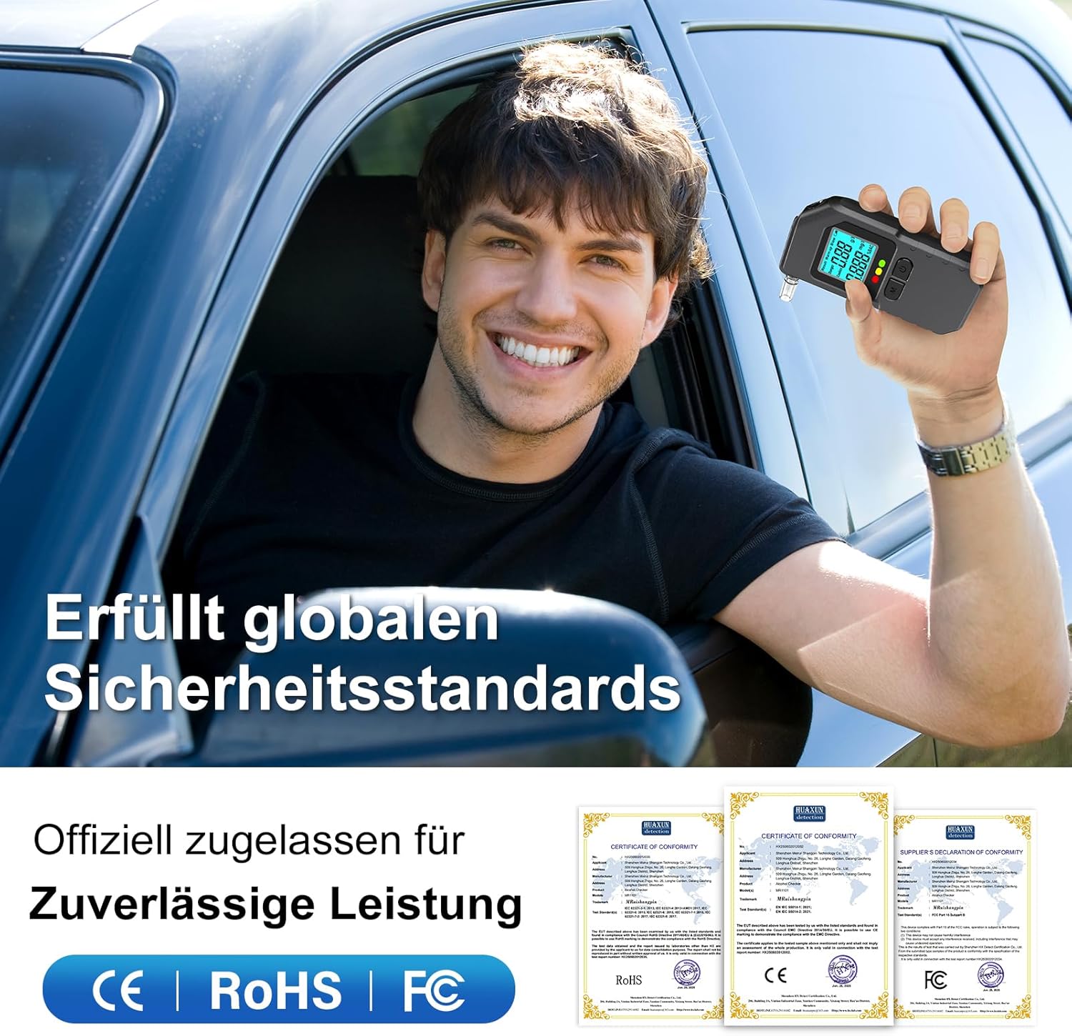Detalle de Alkoholtester Alkotester Atemalkoholtester Promilltester Dual-Sensor, LCD-Display, 20 Mundstücke – tragbar für Auto & Zuhause (Schwarz)