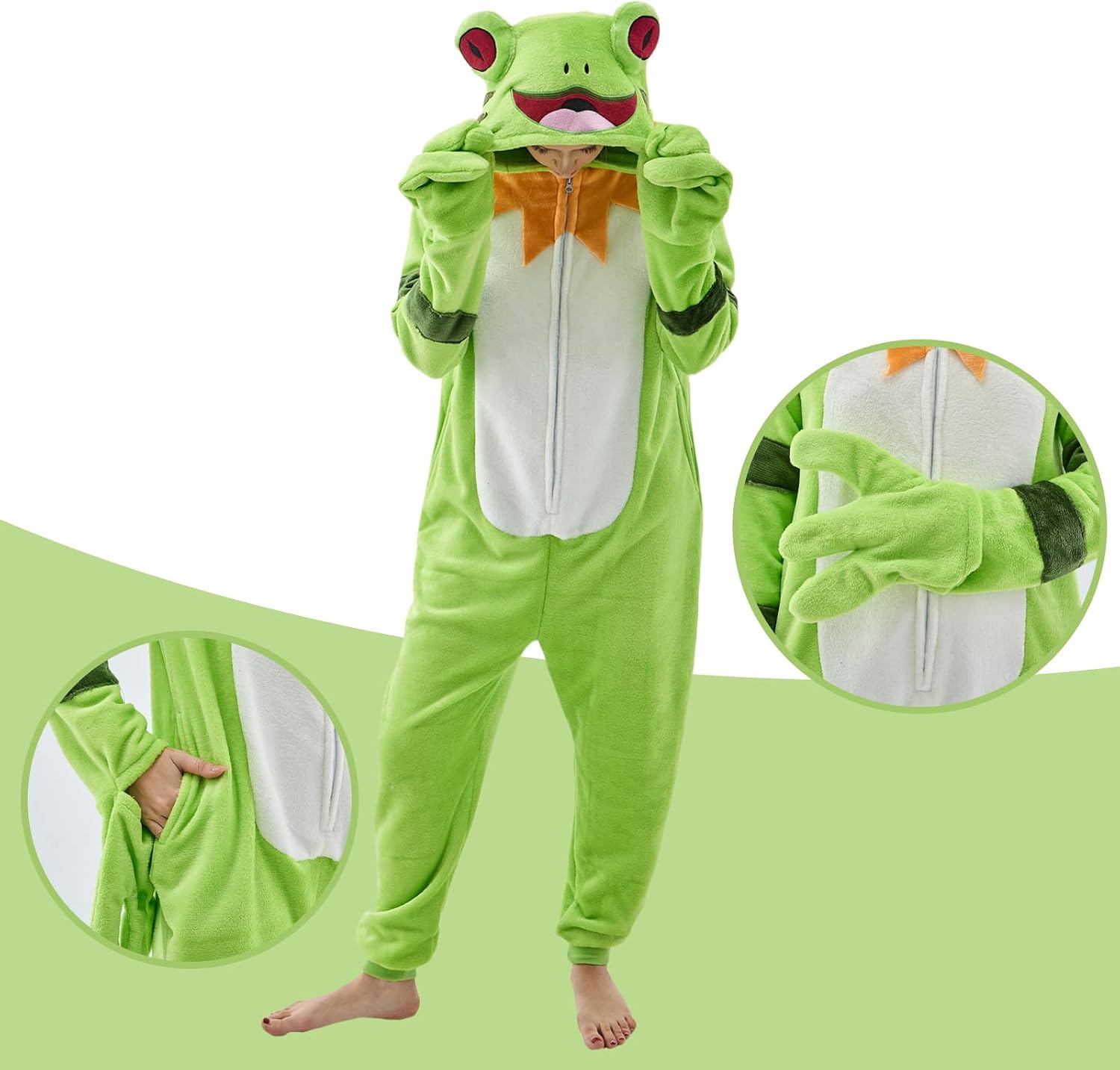 Detalle 2 de NEWCOSPLAY Frog Onesie Pajamas with Flannel, 3D Hood, Zipper and Pockets