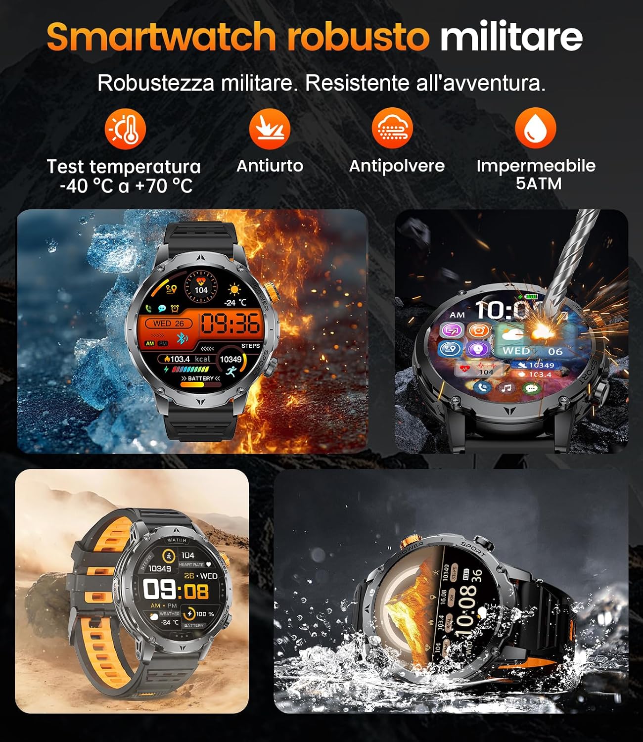 Detalle de SUNKTA Orologio intelligente militare da uomo con batteria 1.000 mAh, display 1,7”, Bluetooth, chiamate e monitoraggio salute