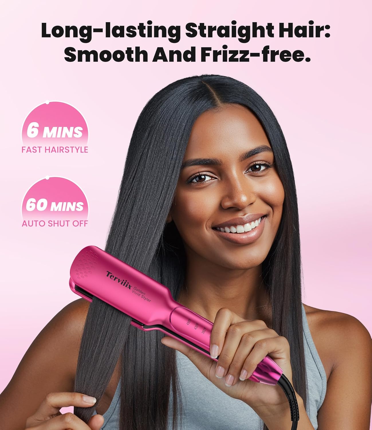 Detalle 2 de Terviiix Flat Iron Hair Straightener – 1-3/4 Inch Wide Plate, Ceramic & Tourmaline for Salon-Grade, One-Swipe Results