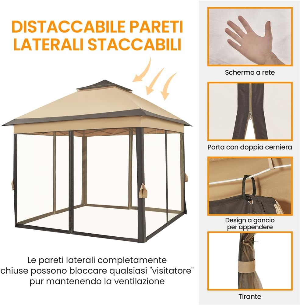 Thumbnail 5 de Yaheetech Gazebo da Giardino 330x330x271-291 cm: struttura robusta, doppio tetto e pareti in rete, colore kaki
