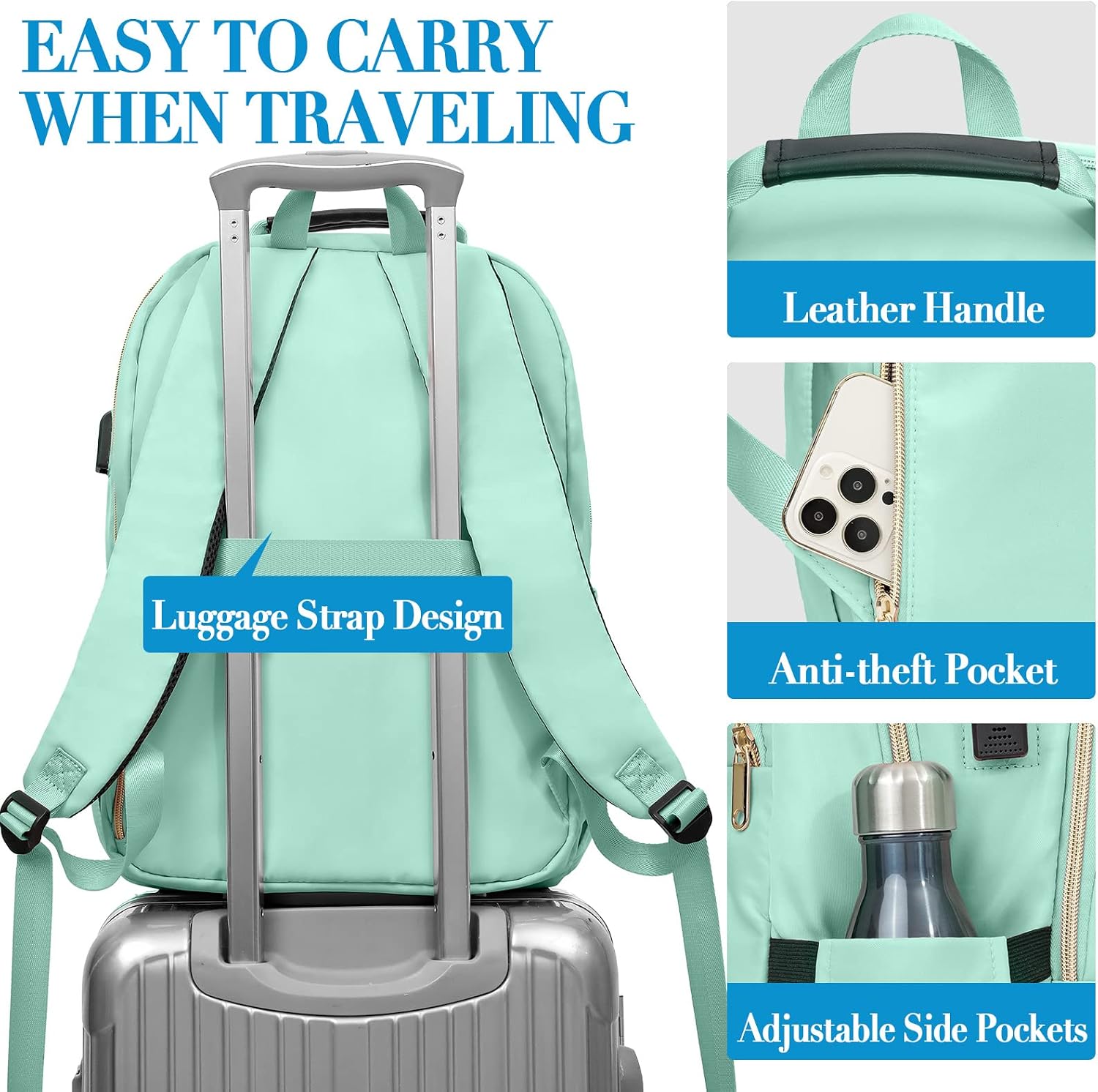 Detalle de Travel Laptop Backpack for Teens (15.6 inch) with Charging Port, 25L Quilted Work Bag – Teal