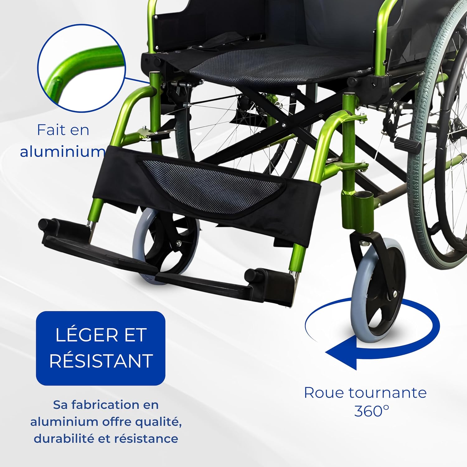 Thumbnail 5 de Mobiclinic Bolonia — Fauteuil roulant pliable et léger en aluminium, dossier fendu et accoudoirs rabattables, vert