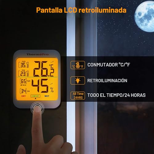 Detalle de TempPro ThermoPro TP53: Termómetro e Higrómetro Digital para Interior con Retroiluminación Táctil