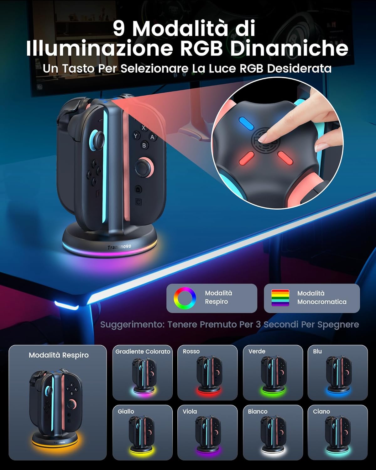 Thumbnail 4 de TRANSNOVO caricatore 4 in 1 per Nintendo Switch 2 con stazione a 4 porte e luci RGB