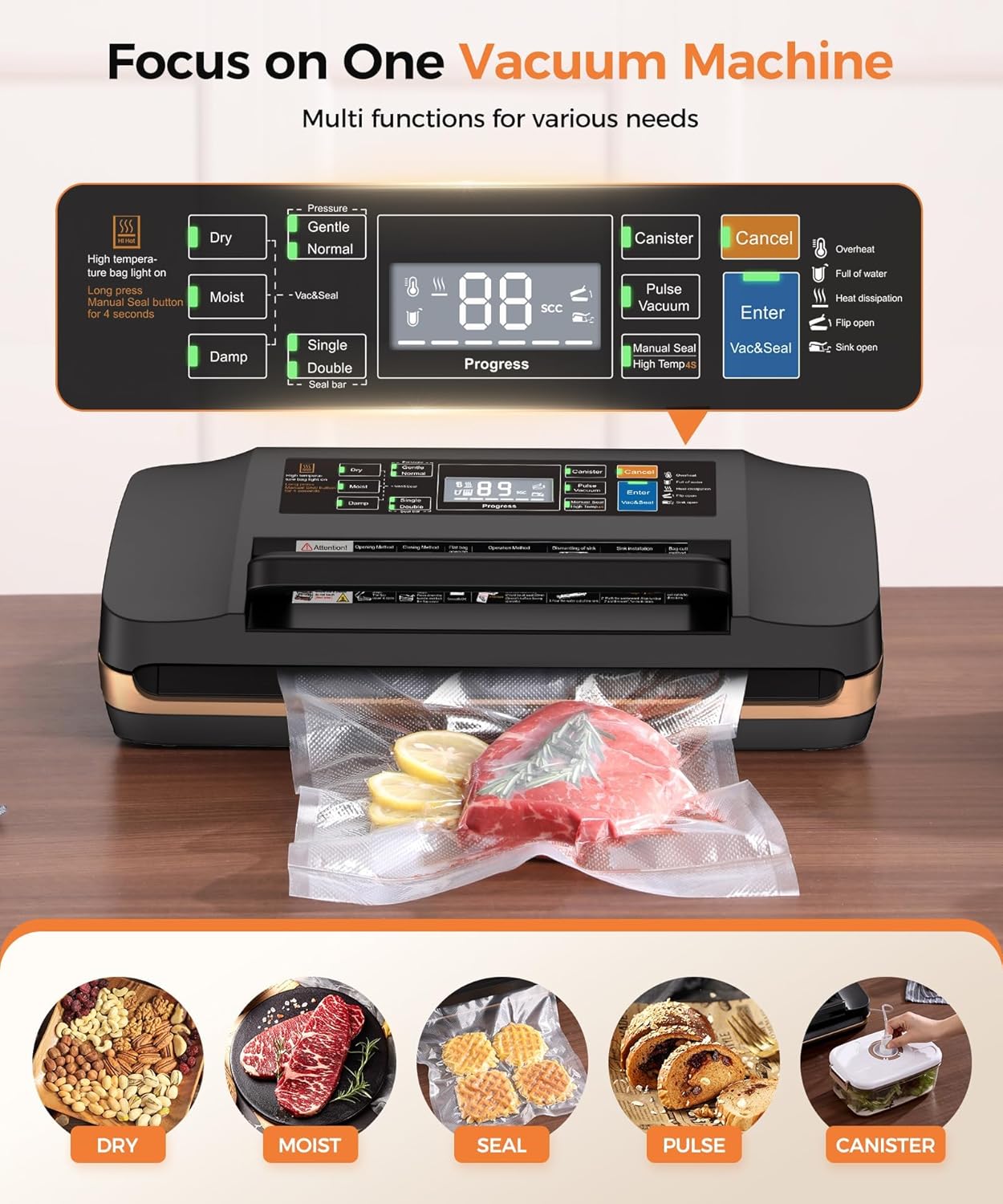 Thumbnail 1 de Vacuum Sealer Machine (95kPa) with Double Seal, Built-in Cutter & Bag Storage — Includes Free Bags (Black)