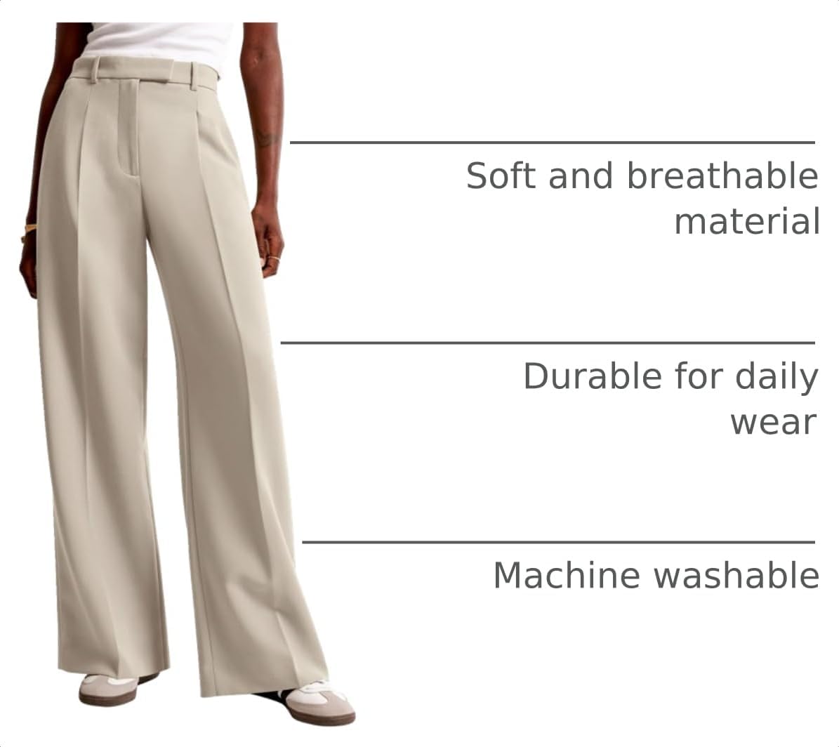 Detalle de NIMIN Wide-Leg Work Pants for Women with Pleats, Pockets, and High Waist