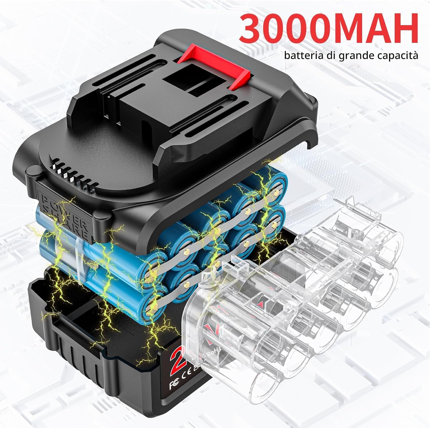 Detalle de Brushless Mini Motosega a Batteria per Potatura 12 Pollici, 1300W con Due Batterie da 3000mAh