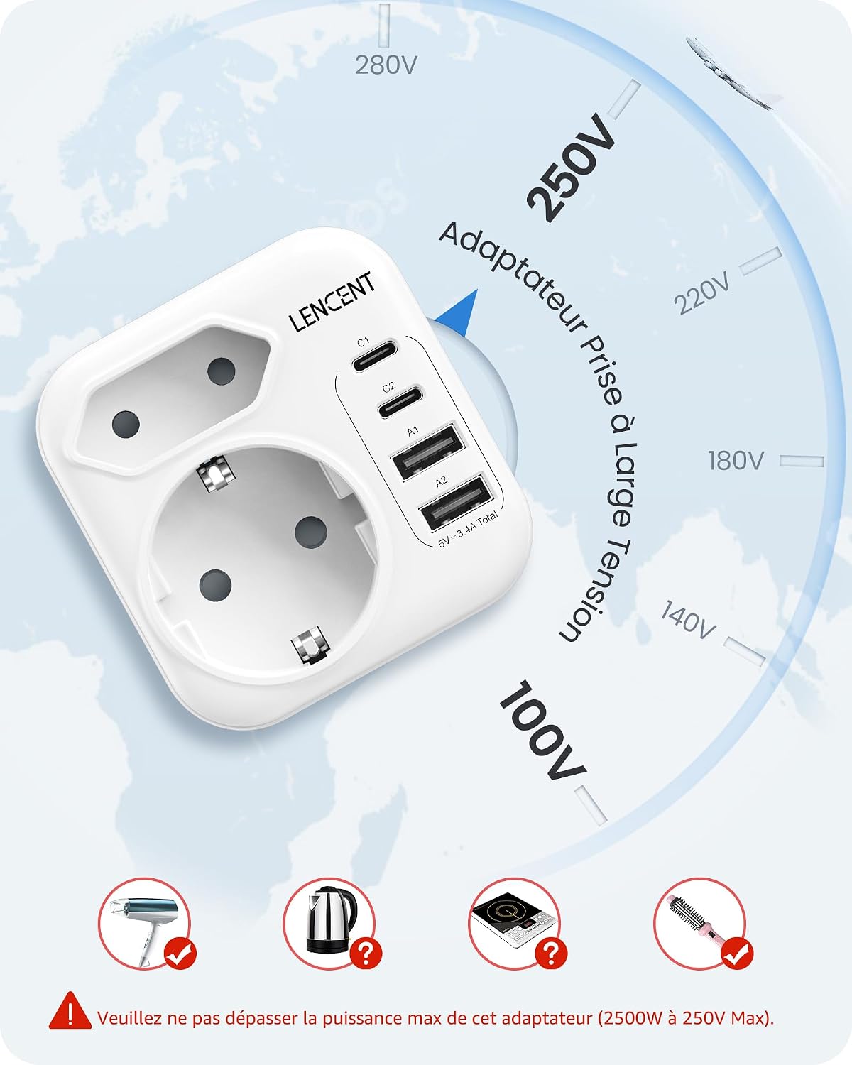 Detalle de LENCENT type D-reisadapter, opvouwbaar met 2 USB-C- en 2 USB-A-poorten