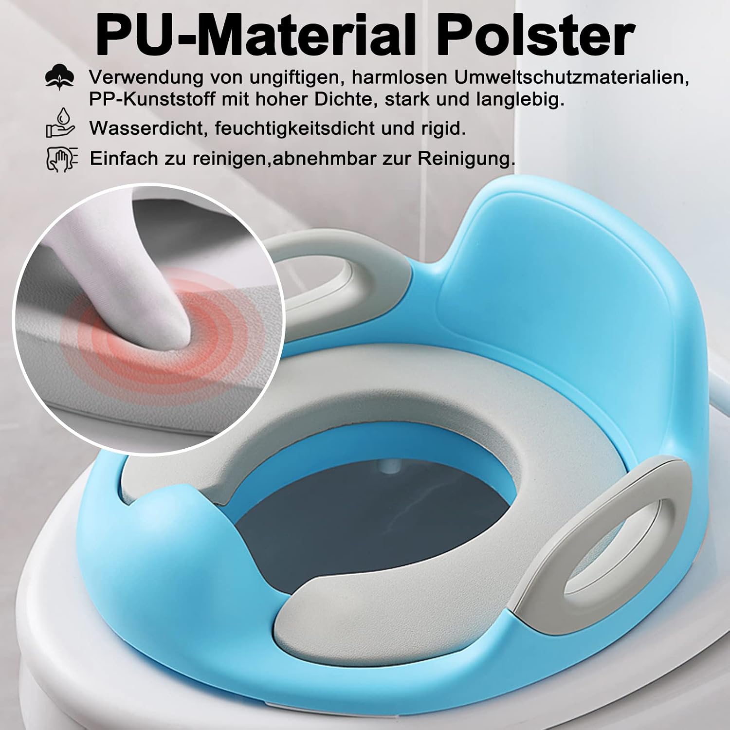 Detalle de UISEBRT Children's Toilet Trainer Seat with Cushion, Handles and Backrest, Blue and Grey