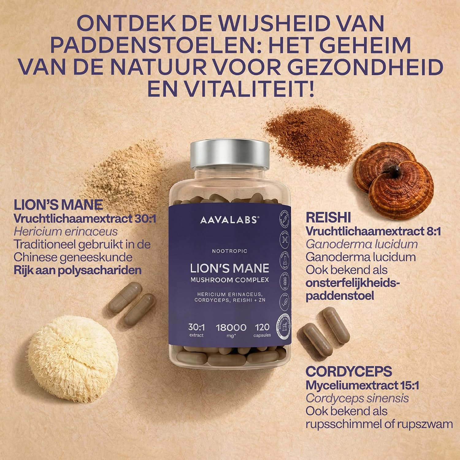 Detalle de AAVALABS Pruikzwam supplement met 30:1-extract, zink, Reishi en Cordyceps
