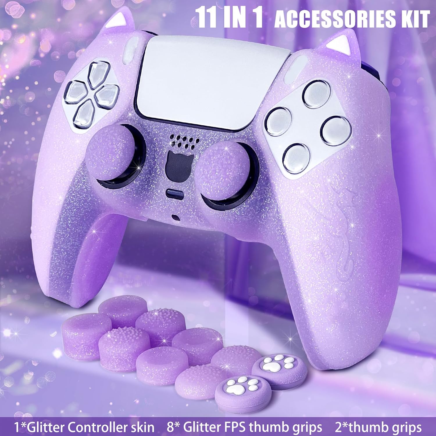Thumbnail 2 de HLRAO Purple Cat Glitter anti-slip silicone controller skin & thumb grips for PS5 (8 PCS)
