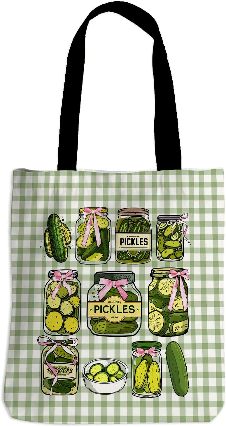 Detalle de Shaeotek Travel Canvas Tote Bag – Cucumber Jar Themed, Foldable & Spacious for Women