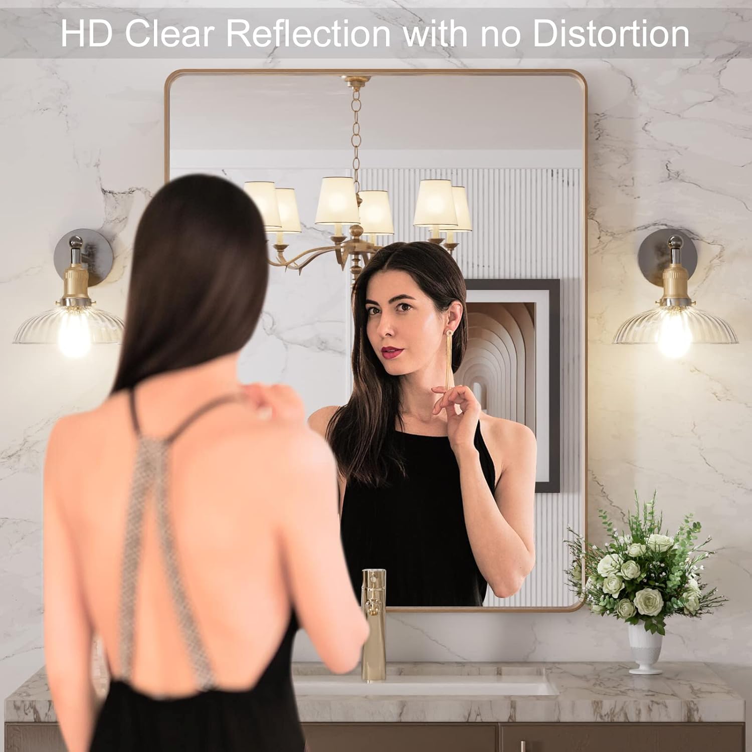 Thumbnail 1 de LOAAO 28”x36” Gold Bathroom Mirror with Rounded Rectangle Frame
