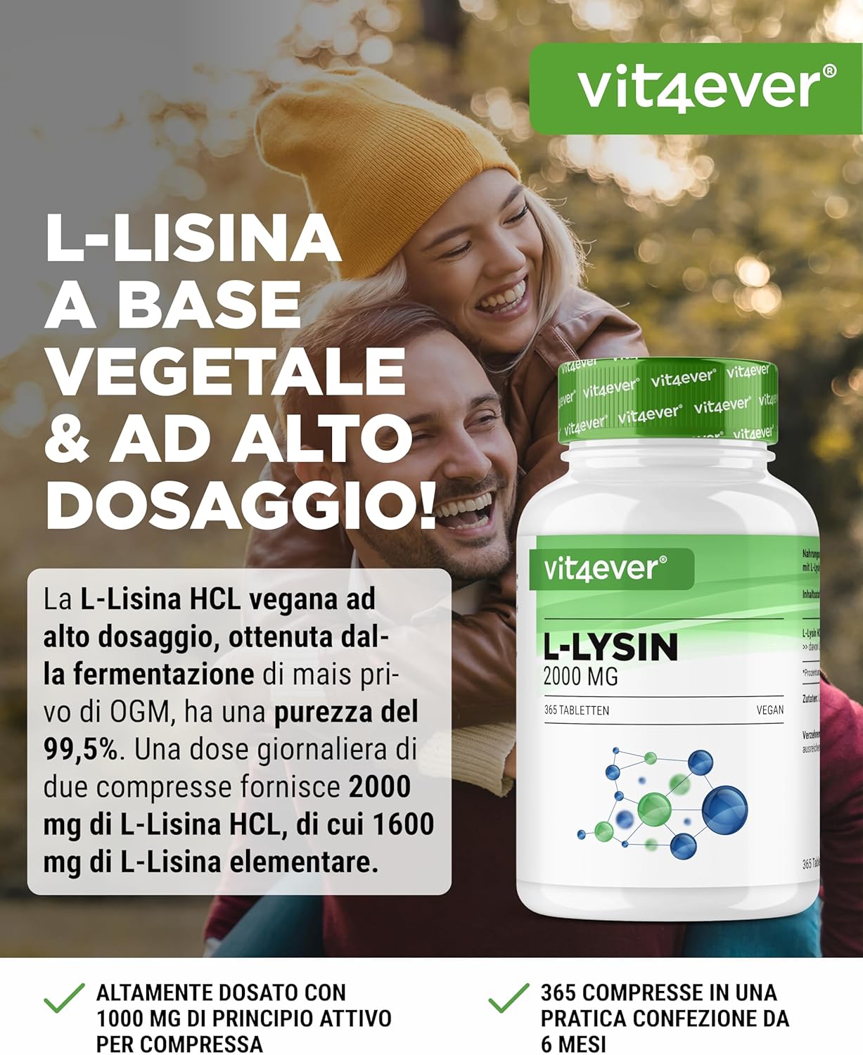 Thumbnail 1 de Vit4ever L-Lisina 365 Compresse: alto dosaggio 2000 mg/giorno, vegano e senza additivi