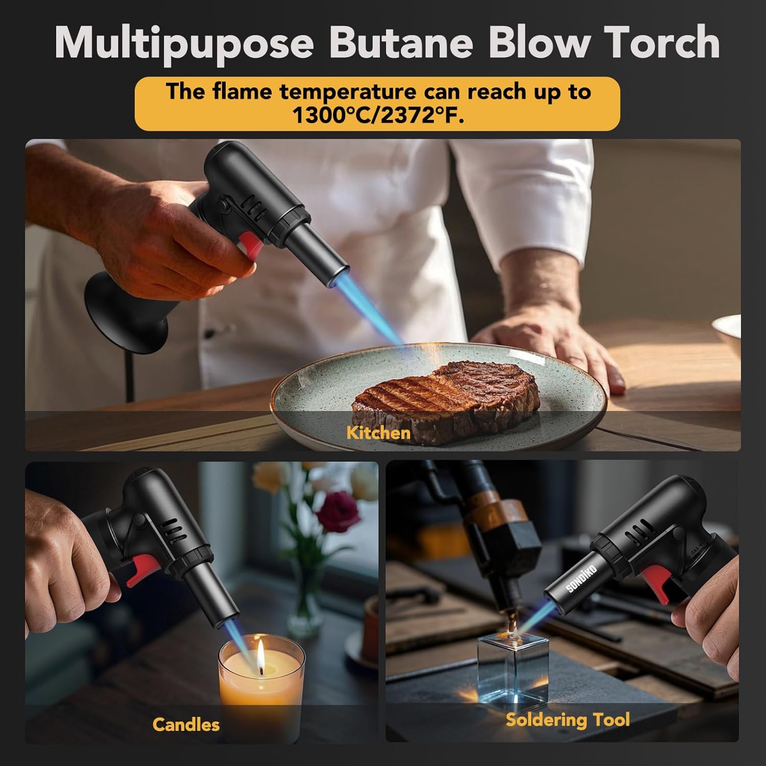 Detalle 2 de Sondiko Flambierbrenner mit Tankanzeige S907 (2er-Set) – nachfüllbarer Bunsenbrenner für Küche & Camping