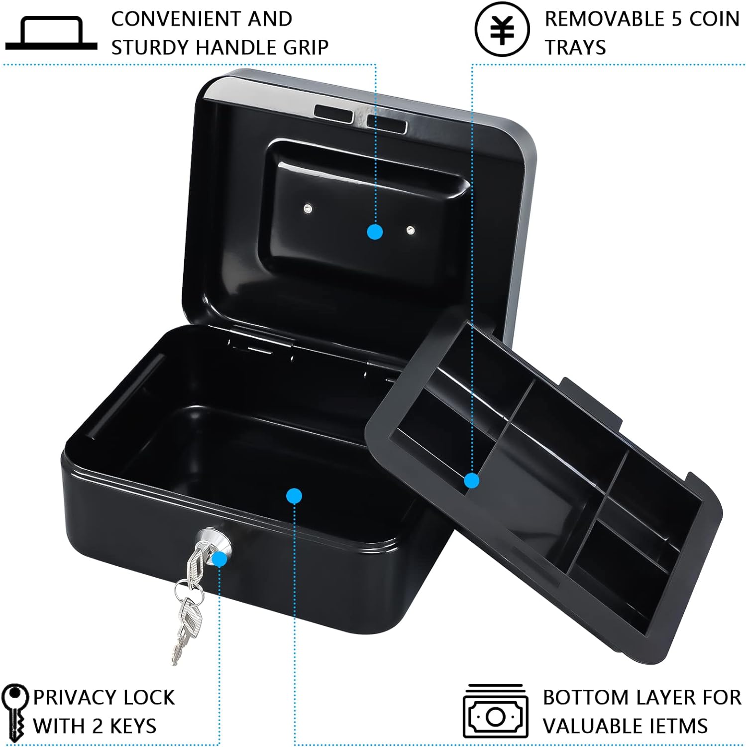 Detalle de KYODOLED GT-CBK-M-BLACK Small Metal Lock Box with Key, Removable Tray