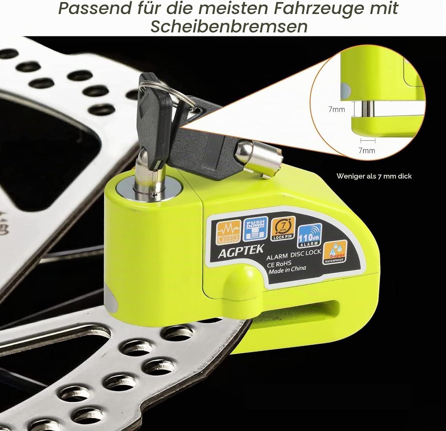 Detalle de AGPTEK Bremsscheibenschloss mit Alarm – 110 dB Diebstahlschutz für Motorrad, Fahrrad und Roller