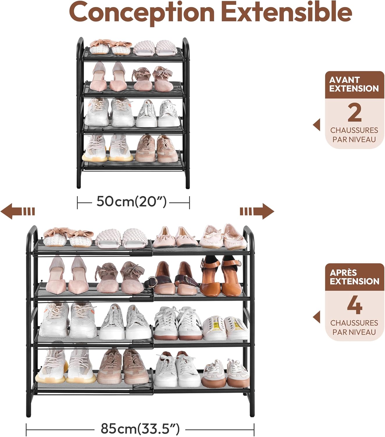 Thumbnail 3 de Yaheetech Étagère à chaussures extensible 4 niveaux (50–84,5 cm) en maille métallique pour 15–20 paires, noire