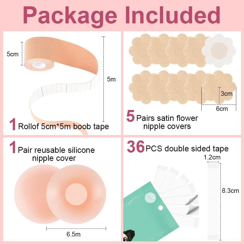 Detalle 2 de AOOWU Nastro Adesivo Seno – 2 Copricapezzoli in Silicone, 10 Petali di Seno in Raso e Nastro Biadesivo per Reggicalze e Gonne