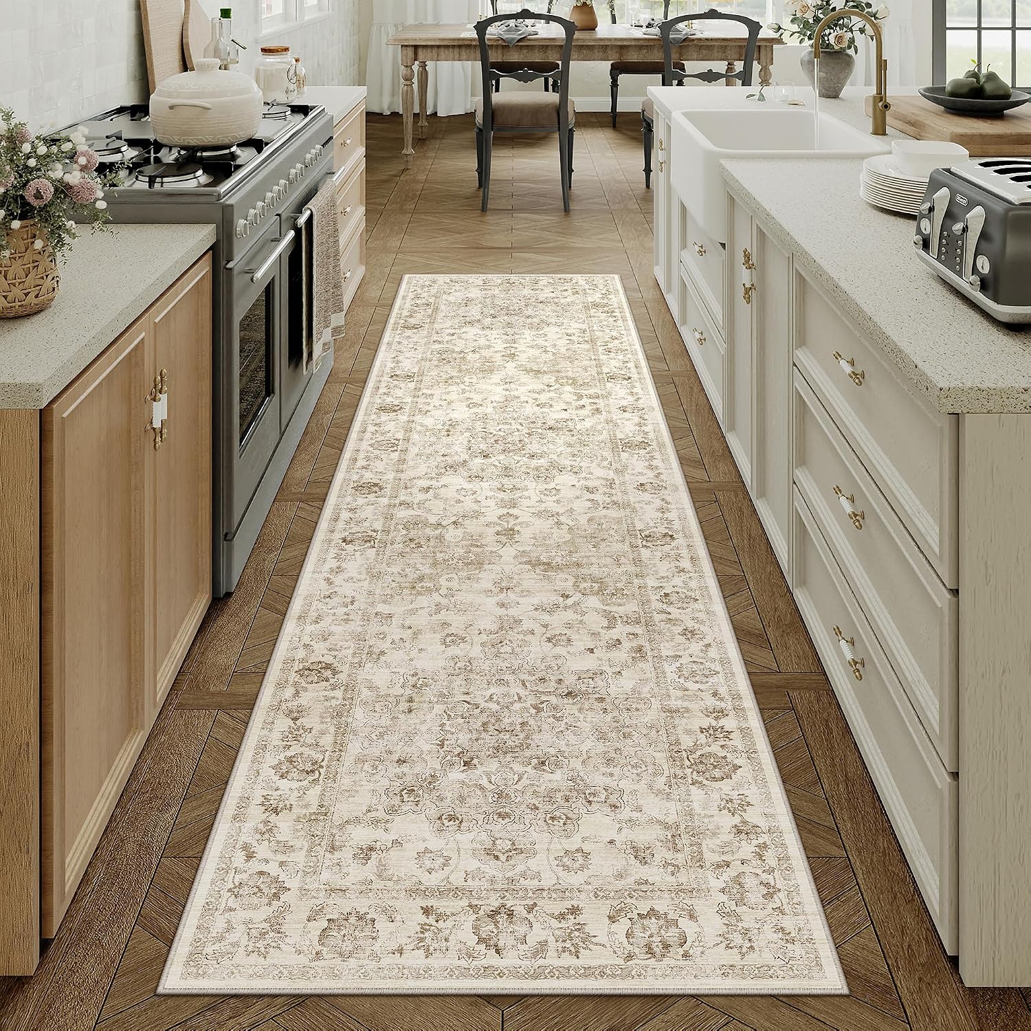 Detalle de HUGEAR Vintage Beige waschbarer Teppich (60x90 cm) – rutschfeste Fußmatte für Bad, Eingangsbereich & mehr