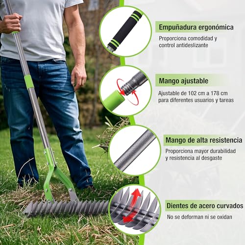 Detalle de WORKPRO Rastrillo Escarificador Césped 178 cm Heavy Duty Ajustable: escarificar con cabeza de 38 cm y mango telescópico