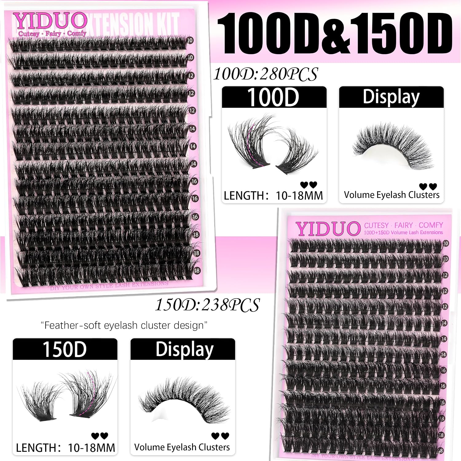 Detalle 2 de YIDUO 4-Style Lash Cluster Kit, 1,078 Pieces, 10–18 mm, Bond and Seal