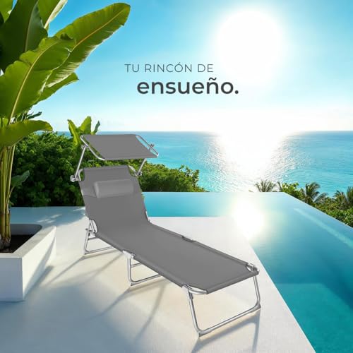 Detalle 2 de tectake Set de 2 tumbonas de jardín plegables con parasol y respaldo regulable (gris) – hasta 110 kg