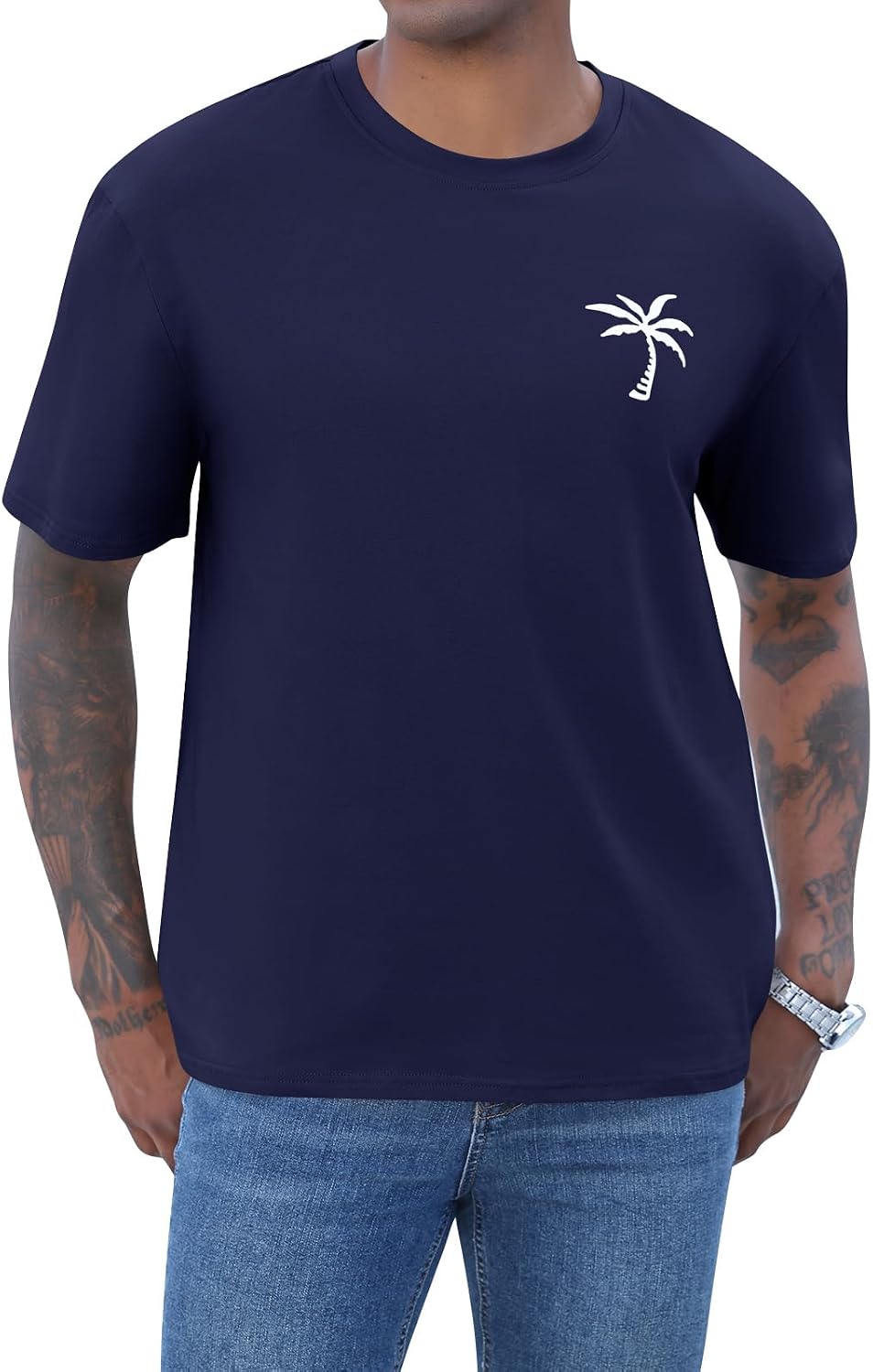 Detalle de iudam Herren Kurzarm T-Shirt Rundhals Sommer mit Palmenmotiv – atmungsaktives Baumwollmix-Oberteil