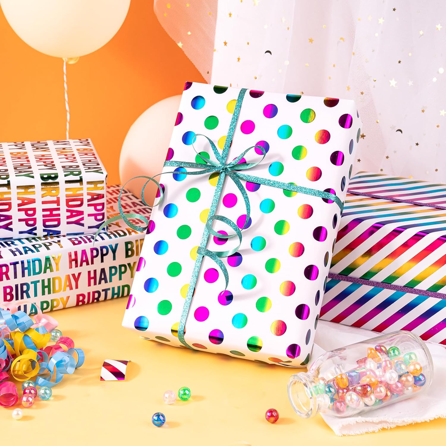 Detalle de Wrapaholic Birthday Wrapping Paper Roll – Mini Roll, 3 Rolls, 17 in x 120 in per roll, Colorful Foil Design