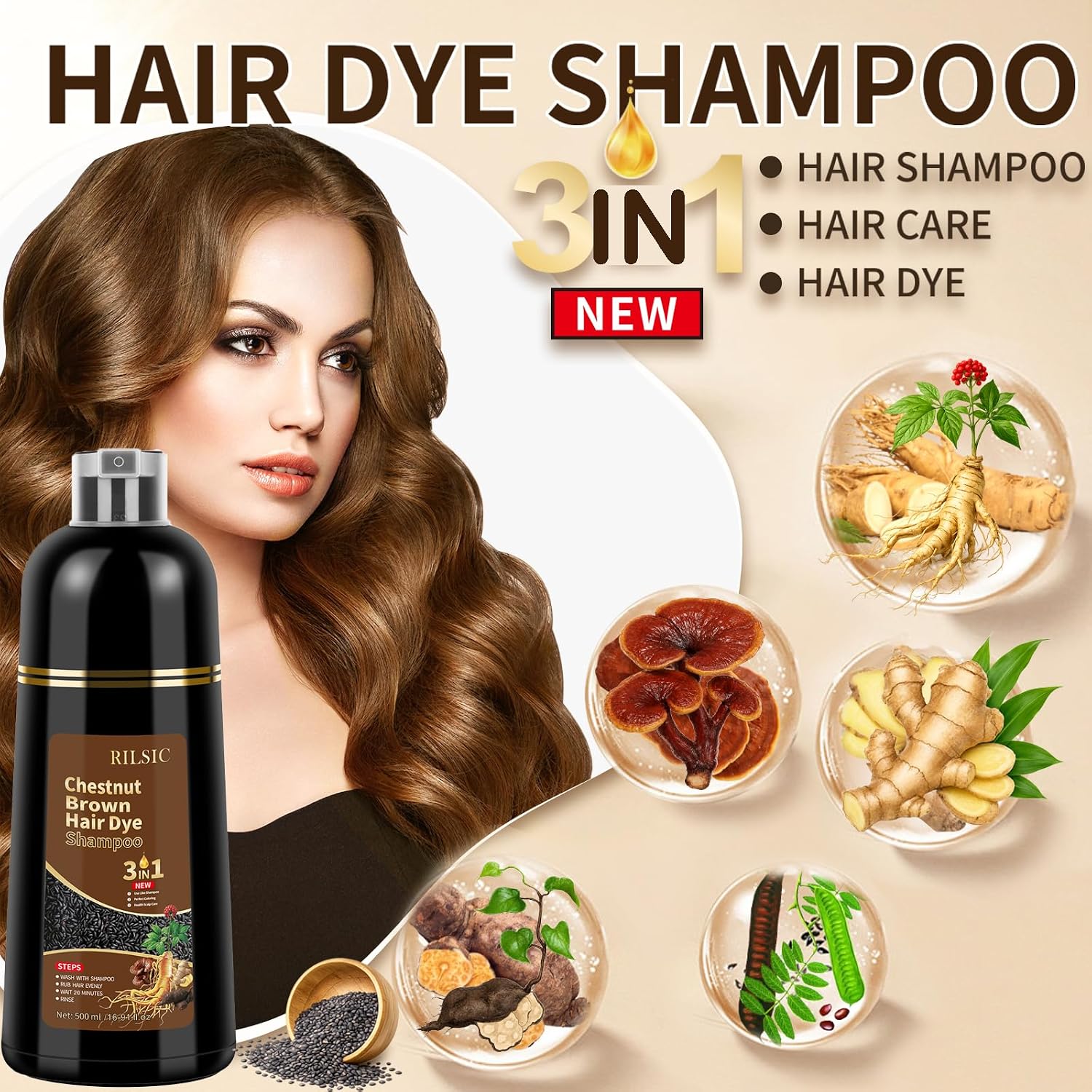 Detalle de Shampoing Colorant 3 en 1 – Teinture capillaire instantanée, 500 ml