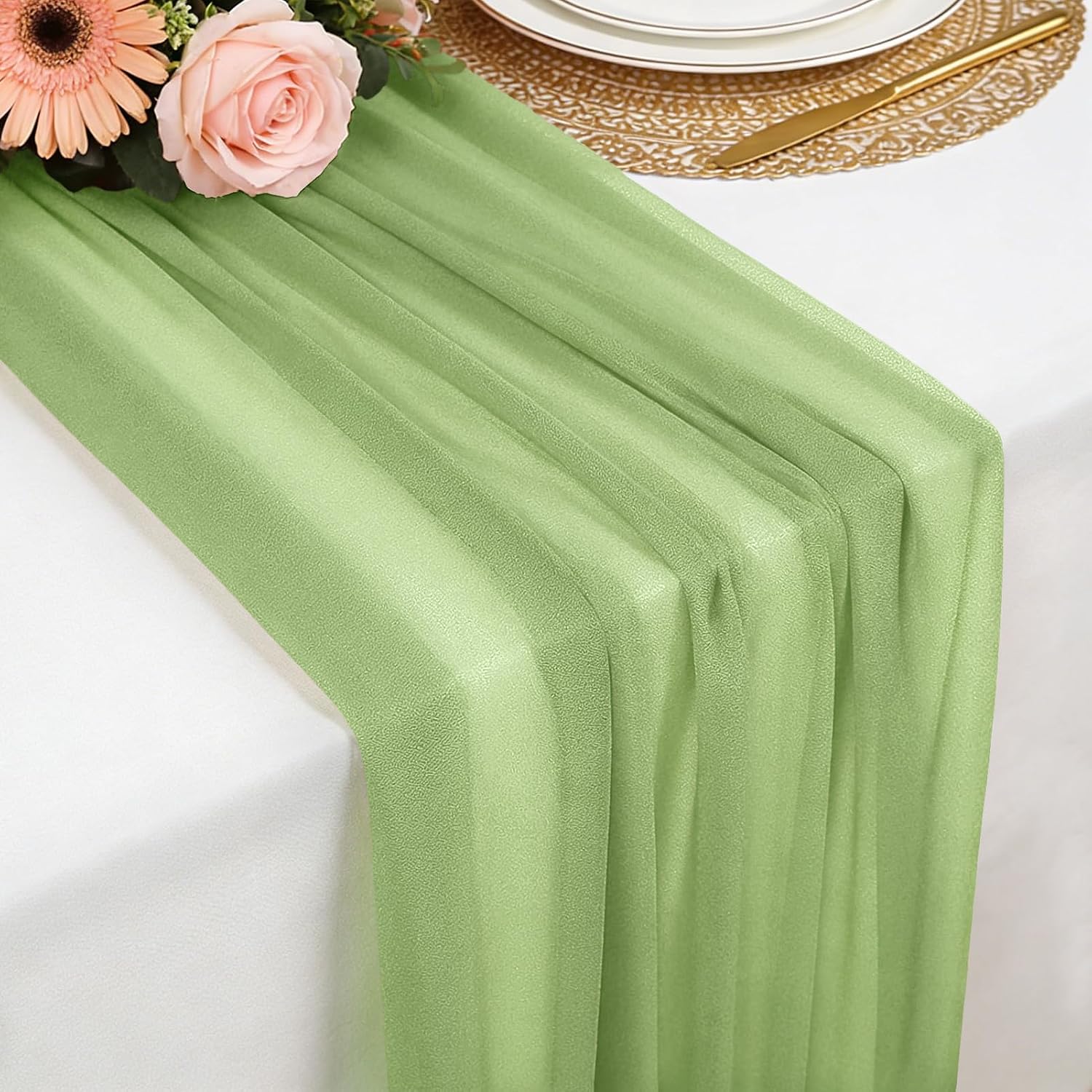 Detalle de Foatcox ZQ122 chiffon tafelloper grasgroen, 77 x 300 cm, polyester