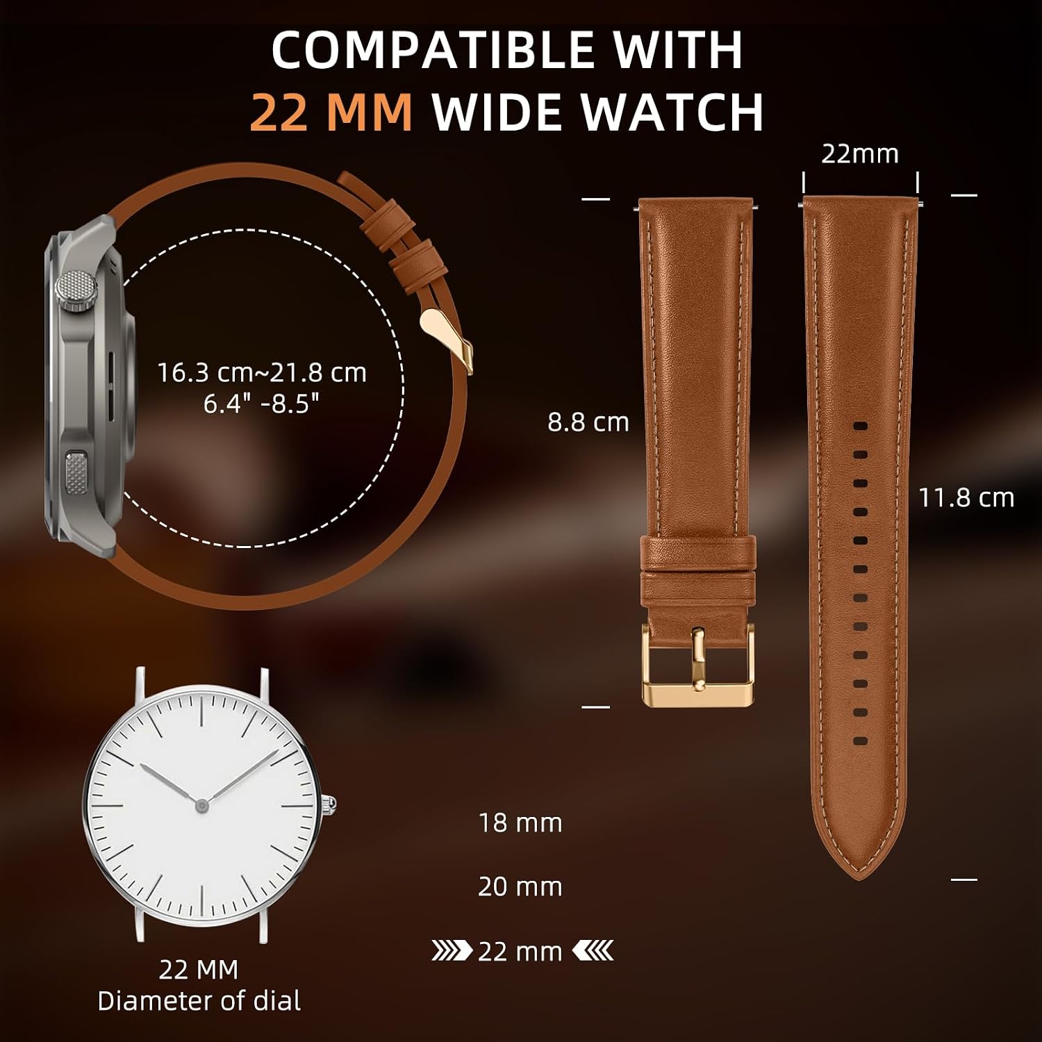 Detalle de LanQii Lederarmband (22 mm) für Amazfit Active Max, T-Rex 3 Pro & weitere Modelle, braun
