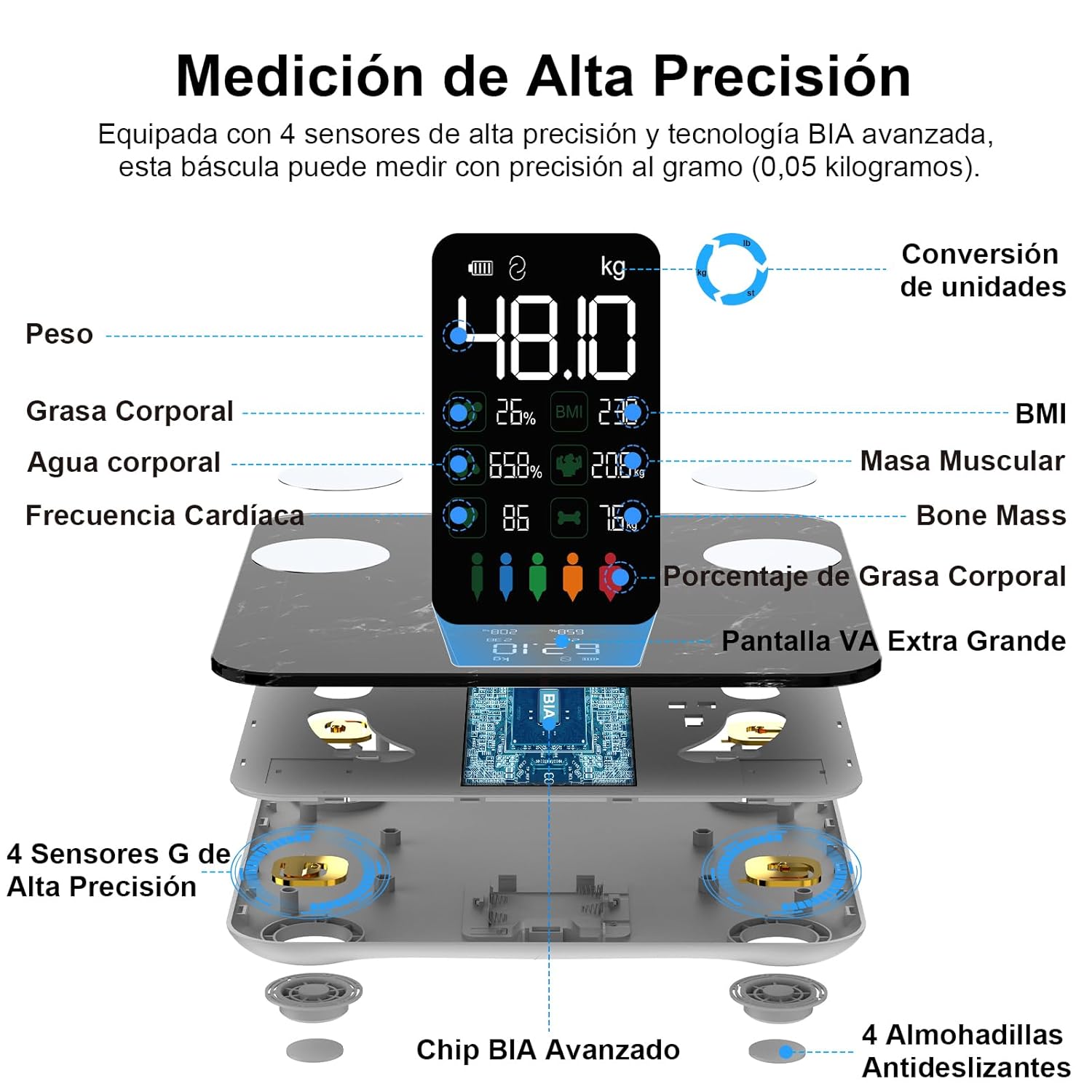 Detalle 2 de Healthkeep Báscula Digital con 15 Datos Corporales y Pantalla Grande 🩺