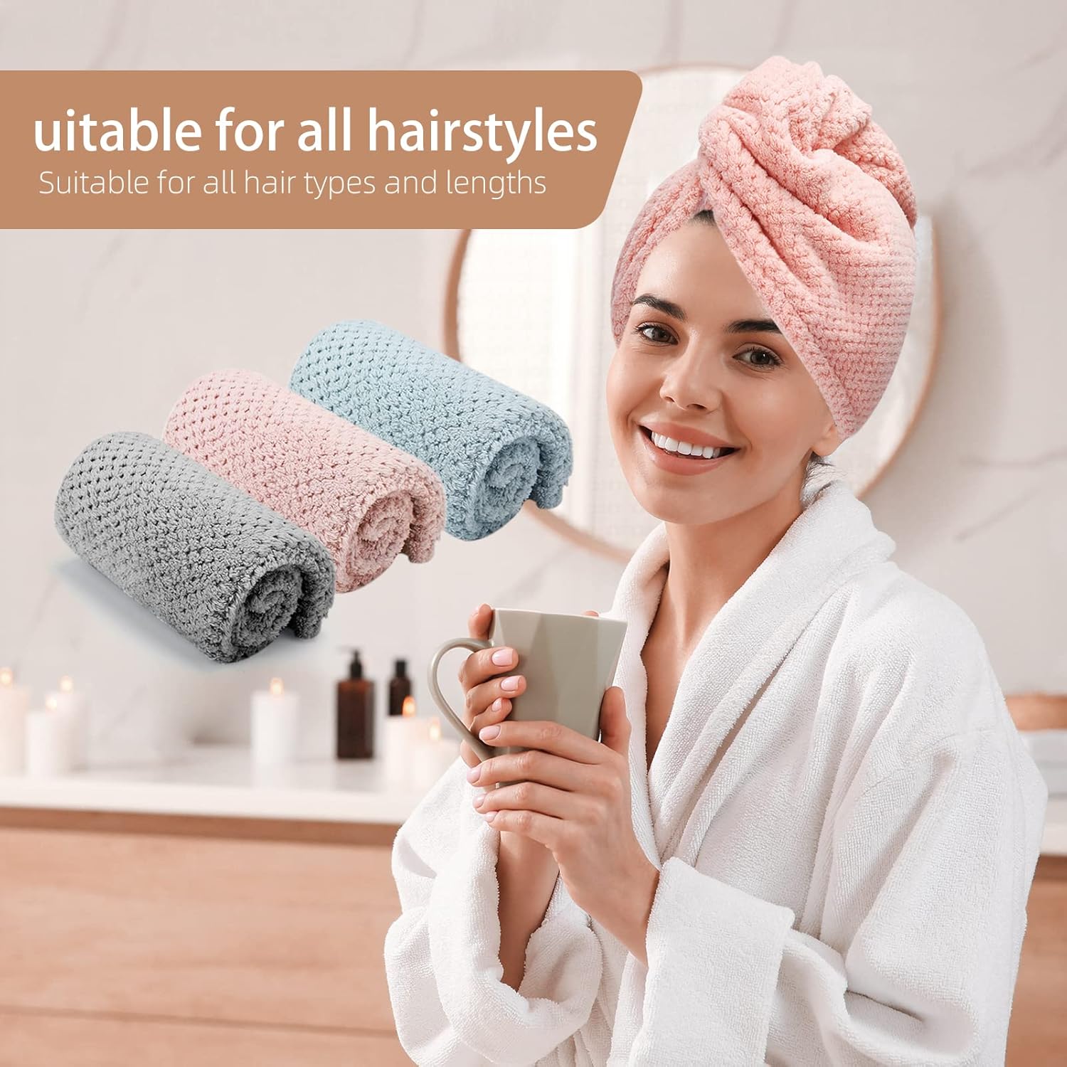Detalle 2 de CZZXI TW-GPB Microfiber Hair Towel Set, 3-Pack in Grey, Pink and Blue