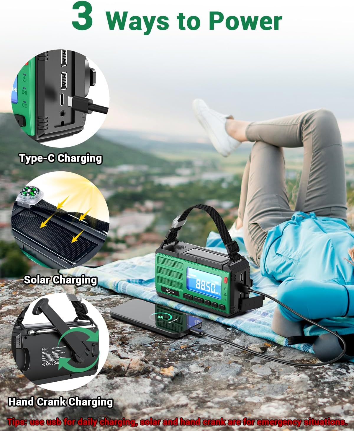 Detalle de Esky 10000 mAh Radio Manovella: radio d'emergenza portatile con energia solare, torcia e bussola