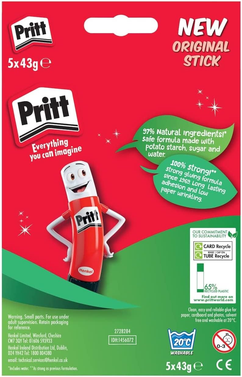 Detalle de Pritt Glue Stick 43g (Pack of 5) – Safe & Child-Friendly Craft Glue for Arts & Crafts