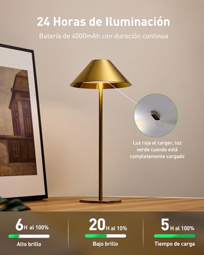 Detalle 2 de Bojim lámparas de mesa sin cable con USB recargable, iluminación LED táctil y acabado dorado