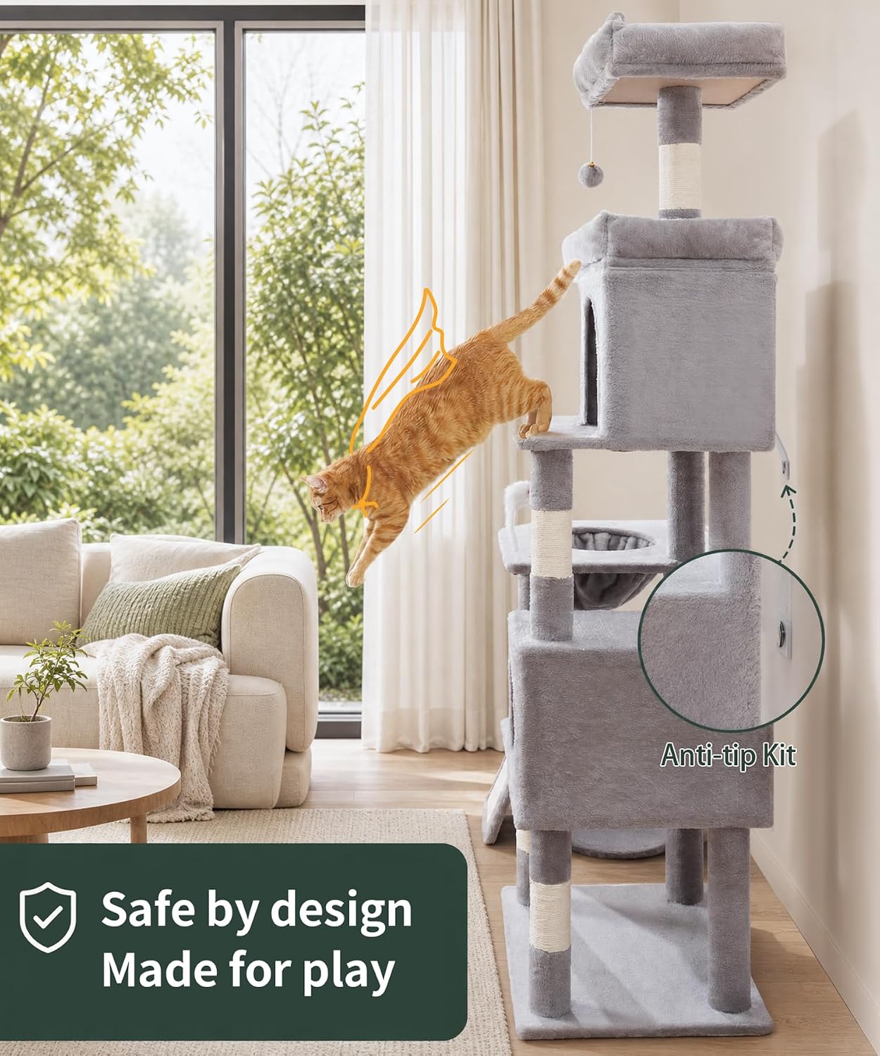 Detalle 2 de LIKISAK Cat Tree 173cm Large Cat Tower for Indoor Cats (Grey, PMT02GY)