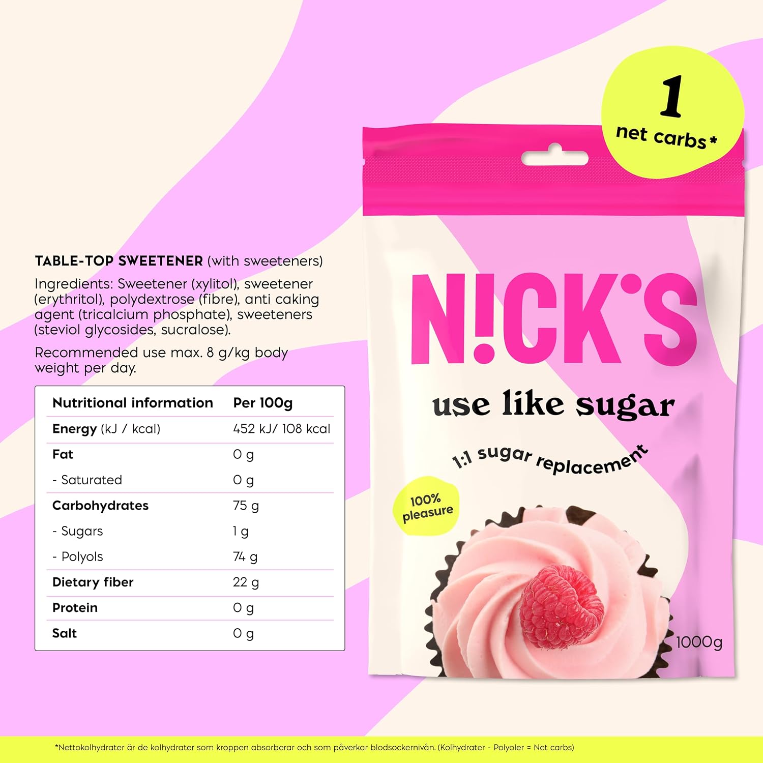 Detalle 2 de N!CK'S Use Like Sugar sweetener, 1 kg, 1:1 baking blend