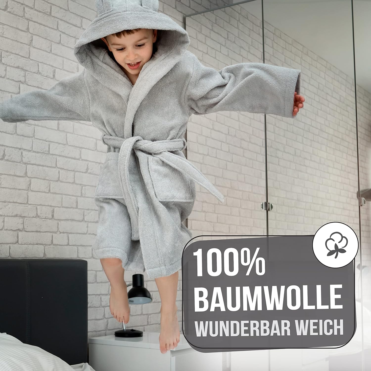 Detalle de Twinzen Kinderbademantel aus 100% Baumwolle mit Kapuze und Ohren – mit 2 Taschen, Gürtel