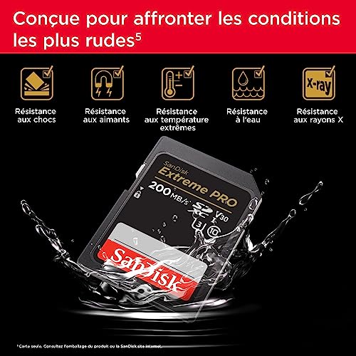 Detalle de SanDisk Extreme PRO Carte SDXC 256 Go – Vitesse jusqu'à 200 Mo/s, UHS-I, V30, 4K UHD